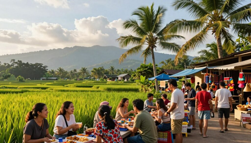 A vibrant and inviting scene showcasing an affordable Southeast Asian travel destination in 2024. In the foreground, a diverse group of travelers in modest casual clothing, laughing and exploring local markets filled with colorful street food and handcrafted souvenirs. In the middle ground, lush green rice terraces and palm trees sway gently under the warm, golden sunlight, adding a touch of tropical paradise. The background features a breathtaking vista of distant mountains and a serene blue sky with fluffy clouds. The atmosphere is cheerful and relaxed, capturing the essence of budget-friendly adventures. The image should have soft, natural lighting to enhance the warm, welcoming mood. A wide-angle perspective shows the expanse of this idyllic location, inviting viewers to experience the beauty and affordability of travel in Southeast Asia. A vibrant and inviting scene showcasing an affordable Southeast Asian travel destination in 2024. In the foreground, a diverse group of travelers in modest casual clothing, laughing and exploring local markets filled with colorful street food and handcrafted souvenirs. In the middle ground, lush green rice terraces and palm trees sway gently under the warm, golden sunlight, adding a touch of tropical paradise. The background features a breathtaking vista of distant mountains and a serene blue sky with fluffy clouds. The atmosphere is cheerful and relaxed, capturing the essence of budget-friendly adventures. The image should have soft, natural lighting to enhance the warm, welcoming mood. A wide-angle perspective shows the expanse of this idyllic location, inviting viewers to experience the beauty and affordability of travel in Southeast Asia.