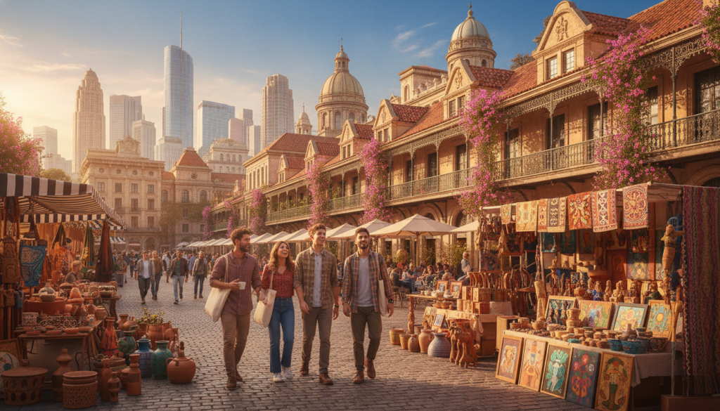 A vibrant city street scene depicting urban explorations and cultural hubs. In the foreground, a group of casually dressed friends, of diverse backgrounds, animatedly discussing as they stroll past a local artisan market filled with colorful handmade crafts. The middle ground showcases charming historic buildings with unique architectural styles, adorned with flowering balconies and outdoor cafés, where people enjoy their coffee. In the background, a majestic skyline featuring a mix of modern skyscrapers and traditional architecture under a bright blue sky, with fluffy white clouds. The lighting is warm and inviting, suggesting a late afternoon ambiance. Capture the lively atmosphere and the sense of adventure and cultural richness, as people engage with the environment. Use a wide-angle lens to encompass the vibrancy and bustling energy of the scene. A vibrant city street scene depicting urban explorations and cultural hubs. In the foreground, a group of casually dressed friends, of diverse backgrounds, animatedly discussing as they stroll past a local artisan market filled with colorful handmade crafts. The middle ground showcases charming historic buildings with unique architectural styles, adorned with flowering balconies and outdoor cafés, where people enjoy their coffee. In the background, a majestic skyline featuring a mix of modern skyscrapers and traditional architecture under a bright blue sky, with fluffy white clouds. The lighting is warm and inviting, suggesting a late afternoon ambiance. Capture the lively atmosphere and the sense of adventure and cultural richness, as people engage with the environment. Use a wide-angle lens to encompass the vibrancy and bustling energy of the scene.