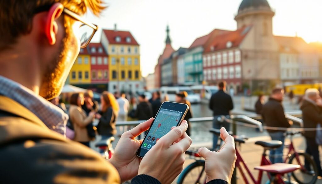 A vibrant cityscape of Copenhagen, Denmark, showcasing iconic landmarks like the colorful Nyhavn waterfront and the historic Rundetårn, bathed in the warm glow of a late afternoon sun. In the foreground, a modern traveler, dressed in smart casual attire, uses their smartphone to access mobile data with ease. The screen displays a map and various app icons for communication and navigation. Around them, people are engaged in conversations, highlighting connections and community, with bicycles parked nearby, symbolizing the local culture. The atmosphere is lively yet serene, emphasizing a budget-friendly approach to connectivity while traveling. The angle captures the energy of urban life while ensuring clarity in the subject's actions.