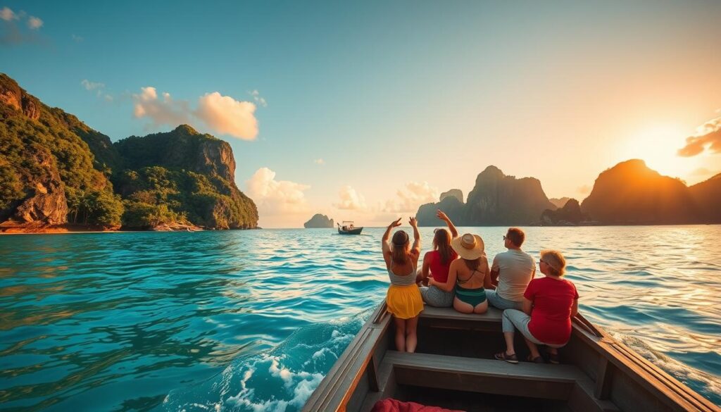 A vibrant scene depicting Thailand's picturesque island hopping experience, featuring a long-tail boat gliding through crystal-clear turquoise waters. In the foreground, lush green islands with rocky cliffs and pristine beaches invite exploration. In the middle, a group of modestly dressed travelers, wearing colorful lightweight clothing, enjoy the sunlight, pointing towards a distant island. The background showcases a brilliant sunset, casting warm golden hues over the horizon, with a few scattered clouds reflecting the colors. The atmosphere is one of adventure and serenity, with gentle waves lapping at the boat and palm trees swaying in the breeze. The lighting should be soft and warm, capturing the tranquil essence of a tropical getaway, shot from a slightly elevated angle to encompass both the boat and the surrounding islands. A vibrant scene depicting Thailand's picturesque island hopping experience, featuring a long-tail boat gliding through crystal-clear turquoise waters. In the foreground, lush green islands with rocky cliffs and pristine beaches invite exploration. In the middle, a group of modestly dressed travelers, wearing colorful lightweight clothing, enjoy the sunlight, pointing towards a distant island. The background showcases a brilliant sunset, casting warm golden hues over the horizon, with a few scattered clouds reflecting the colors. The atmosphere is one of adventure and serenity, with gentle waves lapping at the boat and palm trees swaying in the breeze. The lighting should be soft and warm, capturing the tranquil essence of a tropical getaway, shot from a slightly elevated angle to encompass both the boat and the surrounding islands.