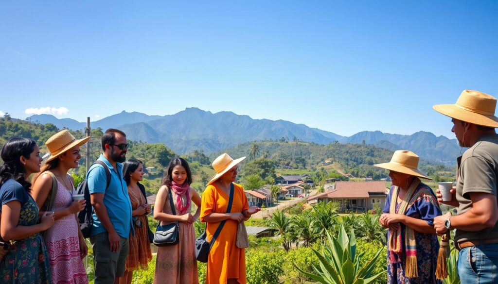 A vibrant scene depicting sustainable tourism in Central America. Foreground features a group of diverse travelers, dressed in comfortable, modest casual clothing, engaged in a lively discussion with local artisans showcasing handmade crafts. In the middle ground, a picturesque village with eco-friendly accommodations, surrounded by lush tropical greenery and coffee plantations. In the background, majestic mountains under a clear blue sky. Soft, natural lighting enhances the earthy colors, creating a welcoming and warm atmosphere. The angle is slightly elevated, capturing the essence of community support and connection with nature, illustrating the importance of sustainable travel practices in promoting local economies. A vibrant scene depicting sustainable tourism in Central America. Foreground features a group of diverse travelers, dressed in comfortable, modest casual clothing, engaged in a lively discussion with local artisans showcasing handmade crafts. In the middle ground, a picturesque village with eco-friendly accommodations, surrounded by lush tropical greenery and coffee plantations. In the background, majestic mountains under a clear blue sky. Soft, natural lighting enhances the earthy colors, creating a welcoming and warm atmosphere. The angle is slightly elevated, capturing the essence of community support and connection with nature, illustrating the importance of sustainable travel practices in promoting local economies.