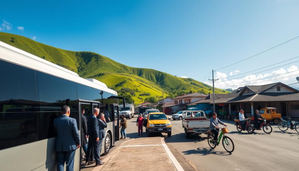 A vibrant scene of Central America transportation, capturing the essence of local and cross-border travel logistics. In the foreground, a modern bus is parked at a bustling border crossing, with travelers in professional attire and modest casual clothing waiting to board. In the middle ground, include a colorful assortment of vehicles, such as pickup trucks and bicycles, showcasing the diverse ways people navigate the region. Lush green hills and traditional architecture are visible in the background, with clear blue skies above. The sunlight casts a warm glow over the scene, highlighting the energy and vibrancy of daily life. Capture a wide-angle perspective to encompass the dynamic atmosphere, emphasizing the importance of transportation in travel experiences across Central America.
