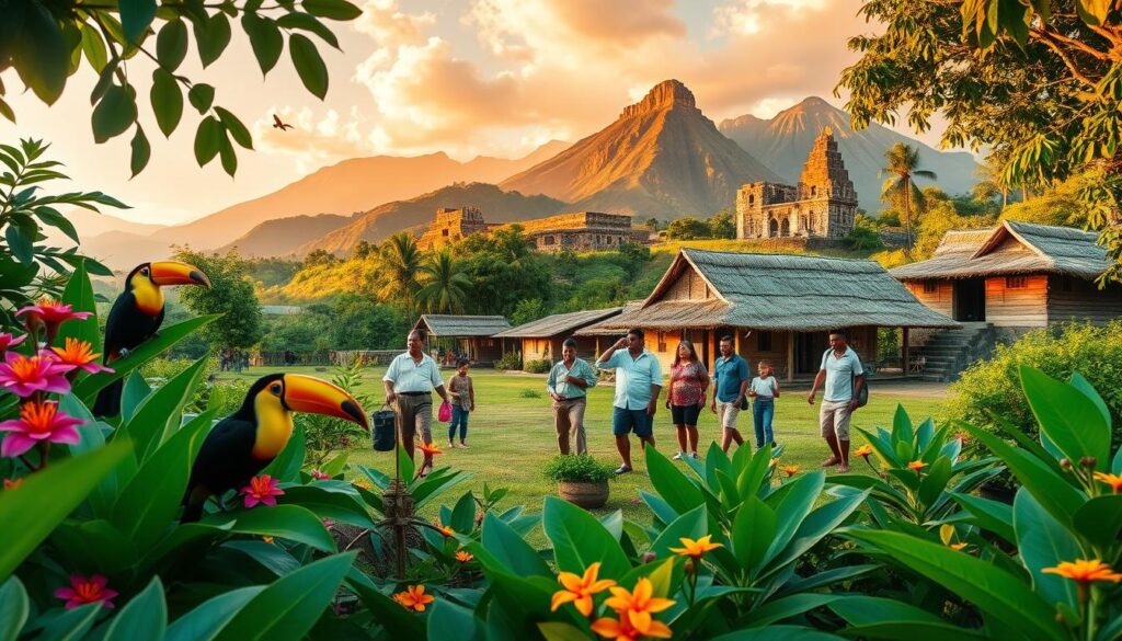 A vibrant scene showcasing iconic Central America destinations, featuring lush green rainforest in the foreground with colorful tropical flowers and native wildlife like toucans and butterflies. In the middle, a picturesque village with traditional thatched-roof houses and friendly locals dressed in modest casual clothing, engaging in daily activities. The background reveals stunning volcanic mountains and ancient Mayan ruins, bathed in warm golden sunlight that reflects off the lush vegetation. The atmosphere is inviting and adventurous, evoking a sense of exploration and cultural richness. Photography style: wide-angle lens capturing the expansive landscape, with soft focus on the foreground to emphasize the beauty of the destinations. No text or overlays present.