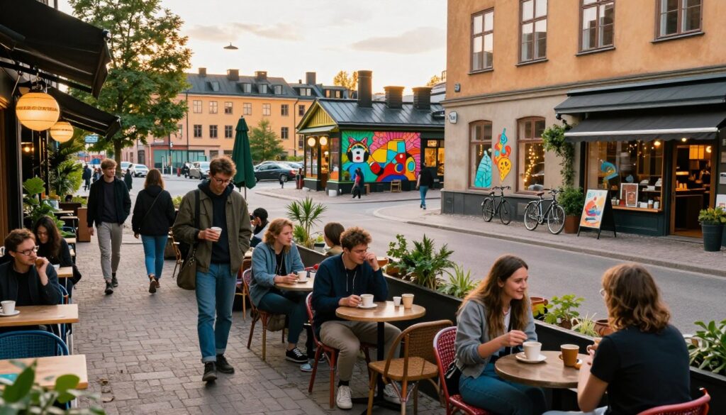 A vibrant street scene in Södermalm, Stockholm, showcasing a trendy hipster haven. In the foreground, young adults in stylish, modest casual attire are chatting and enjoying coffee at an outdoor café with colorful, vintage decor. The middle ground displays eclectic shops adorned with artistic murals and plants, while bicycles are parked nearby. The background features a panoramic view of city rooftops and modern architecture with hints of greenery. Soft, warm lighting creates a welcoming atmosphere during golden hour, enhancing the cozy vibe. The scene is captured from a slightly elevated angle, providing depth and inviting viewers to explore this lively neighborhood.