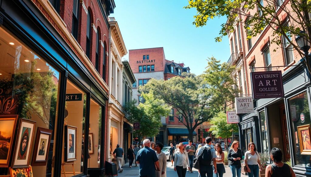 A vibrant street scene showcasing various art galleries in Washington DC beyond the Smithsonian. In the foreground, broader elegant windows featuring diverse art pieces, with visitors admiring the artwork and engaging in conversation, dressed in smart casual clothing. In the middle ground, the eclectic mix of galleries, with colorful facades, signage indicating unique art styles, and an inviting atmosphere. The background displays iconic DC architecture, like charming brownstone buildings and lush trees, under a clear, sunny blue sky. Soft, natural lighting illuminates the scene, enhancing the colors of the artwork and creating a welcoming mood. The angle captures the bustle of artistic inspiration in a friendly neighborhood, inviting both locals and tourists into the vibrant art scene. A vibrant street scene showcasing various art galleries in Washington DC beyond the Smithsonian. In the foreground, broader elegant windows featuring diverse art pieces, with visitors admiring the artwork and engaging in conversation, dressed in smart casual clothing. In the middle ground, the eclectic mix of galleries, with colorful facades, signage indicating unique art styles, and an inviting atmosphere. The background displays iconic DC architecture, like charming brownstone buildings and lush trees, under a clear, sunny blue sky. Soft, natural lighting illuminates the scene, enhancing the colors of the artwork and creating a welcoming mood. The angle captures the bustle of artistic inspiration in a friendly neighborhood, inviting both locals and tourists into the vibrant art scene.