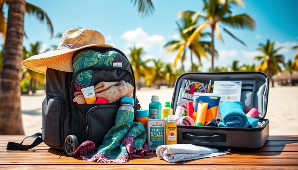 A vibrant travel scene showcasing essential packing items for a tropical backpacking trip. In the foreground, prominently display a neatly organized travel backpack packed with lightweight clothing, a tropical-print sarong, a sun hat, sunscreen, and a reusable water bottle. The middle ground features an open suitcase with a guidebook, travel toiletries, bug spray, and a compact travel towel, all set against a wooden table. In the background, depict a sunny tropical landscape with palm trees and soft, white sand, suggesting a beach destination. Use bright, natural lighting to create a warm, inviting atmosphere with a shallow focus on the packing essentials, capturing a sense of excitement and wanderlust. A vibrant travel scene showcasing essential packing items for a tropical backpacking trip. In the foreground, prominently display a neatly organized travel backpack packed with lightweight clothing, a tropical-print sarong, a sun hat, sunscreen, and a reusable water bottle. The middle ground features an open suitcase with a guidebook, travel toiletries, bug spray, and a compact travel towel, all set against a wooden table. In the background, depict a sunny tropical landscape with palm trees and soft, white sand, suggesting a beach destination. Use bright, natural lighting to create a warm, inviting atmosphere with a shallow focus on the packing essentials, capturing a sense of excitement and wanderlust.