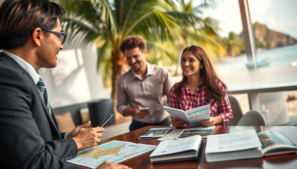 A visually engaging scene illustrating the concept of travel insurance for Thailand, emphasizing "Key Components of Comprehensive Kopipi Thailand Insurance." In the foreground, a professional-looking travel agent in business attire discusses insurance options with a couple, who appear excited yet thoughtful about their trip. The middle ground features vibrant travel-themed elements such as a map of Thailand, travel brochures, and sample insurance documents neatly arranged on a table. In the background, a tropical landscape with palm trees and a tranquil beach suggests the allure of Thailand. Soft, natural lighting enhances a warm, inviting atmosphere, while the angle captures the interaction and information exchange effectively. The mood is one of security and adventure, highlighting the importance of travel insurance. A visually engaging scene illustrating the concept of travel insurance for Thailand, emphasizing "Key Components of Comprehensive Kopipi Thailand Insurance." In the foreground, a professional-looking travel agent in business attire discusses insurance options with a couple, who appear excited yet thoughtful about their trip. The middle ground features vibrant travel-themed elements such as a map of Thailand, travel brochures, and sample insurance documents neatly arranged on a table. In the background, a tropical landscape with palm trees and a tranquil beach suggests the allure of Thailand. Soft, natural lighting enhances a warm, inviting atmosphere, while the angle captures the interaction and information exchange effectively. The mood is one of security and adventure, highlighting the importance of travel insurance.