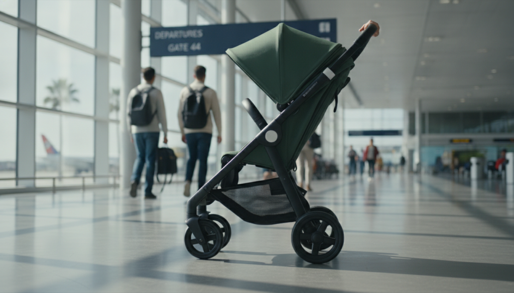 A well-designed folding travel stroller, specifically the Bugaboo Butterfly, is showcased prominently in the foreground. The stroller is in the process of being folded with a smooth one-second mechanism, demonstrating its innovative design. Bright, natural lighting enhances the stroller's sleek lines and modern features, casting soft shadows. In the middle ground, a serene airport terminal backdrop hints at travel, with soft blurred figures of travelers in modest casual clothing, emphasizing the stroller’s practicality for air travel. The atmosphere is light and airy, evoking a sense of ease and freedom in traveling with children. The angle captures the stroller from a low viewpoint, showcasing the details of the folding process and highlighting its compactness.