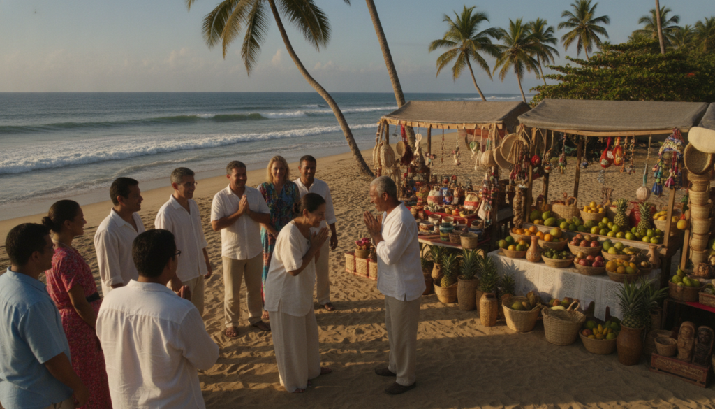 An inviting coastal scene depicting cultural etiquette in Costa Rica. In the foreground, a diverse group of individuals in modest casual clothing engage in friendly conversation, showcasing respectful gestures like greeting with a smile or a slight bow. In the middle ground, traditional wooden stalls display local artisan crafts and tropical fruits, reflecting colorful culture. The background features a serene Caribbean beach with gentle waves, palm trees swaying in the breeze, and a clear blue sky. Soft, warm lighting creates a welcoming and friendly atmosphere, accentuated by the golden hour glow. The image captures the essence of local customs, creating a sense of community and respect among individuals. The perspective should be slightly elevated to encompass both the interactions and the vibrant beach setting. An inviting coastal scene depicting cultural etiquette in Costa Rica. In the foreground, a diverse group of individuals in modest casual clothing engage in friendly conversation, showcasing respectful gestures like greeting with a smile or a slight bow. In the middle ground, traditional wooden stalls display local artisan crafts and tropical fruits, reflecting colorful culture. The background features a serene Caribbean beach with gentle waves, palm trees swaying in the breeze, and a clear blue sky. Soft, warm lighting creates a welcoming and friendly atmosphere, accentuated by the golden hour glow. The image captures the essence of local customs, creating a sense of community and respect among individuals. The perspective should be slightly elevated to encompass both the interactions and the vibrant beach setting.