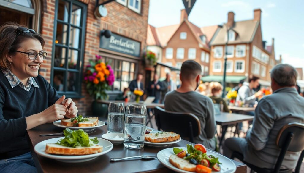 a cozy Danish budget dining scene captured in a quaint, lively street bistro. In the foreground, a small table is set with traditional Danish dishes, like open sandwiches (smørrebrød) and a refreshing salad. Diners in modest casual clothing enjoy their meals, smiling and engaging in conversation. In the middle ground, there is a vibrant café atmosphere with colorful flowers adorning the tables and locals chatting. The background features charming brick buildings typical of Danish architecture and a clear blue sky. Soft afternoon sunlight bathes the scene, creating a warm and inviting ambiance. Use a slightly angled perspective to capture the inviting essence of budget-friendly dining in Denmark, emphasizing community and comfort.