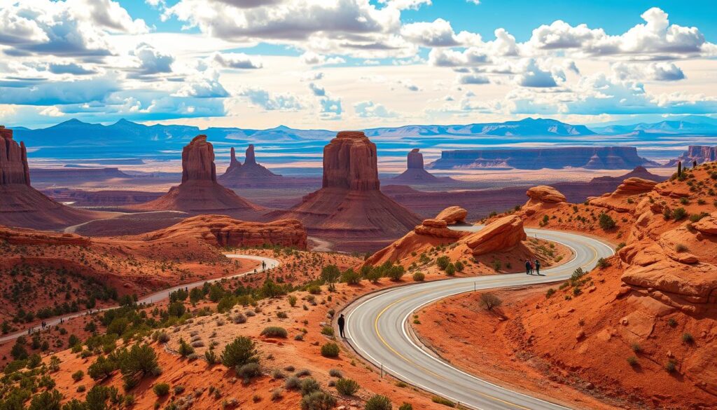 A breathtaking aerial view of Utah’s Mighty Five National Parks loop showcasing stunning landscapes. In the foreground, a winding road curves gracefully through vibrant red rock formations and lush desert vegetation. The midground features iconic park monuments, including delicate arches and imposing mesas, with visitors dressed in modest casual clothing exploring the scenery. In the background, panoramic views of striking canyons and distant snow-capped mountains under a bright blue sky filled with fluffy clouds enhance the scene. Soft golden hour lighting casts warm hues across the landscape, creating an inviting atmosphere that captures the essence of an unforgettable road trip. The composition evokes a sense of adventure and the beauty of nature, perfect for inspiring wanderlust.