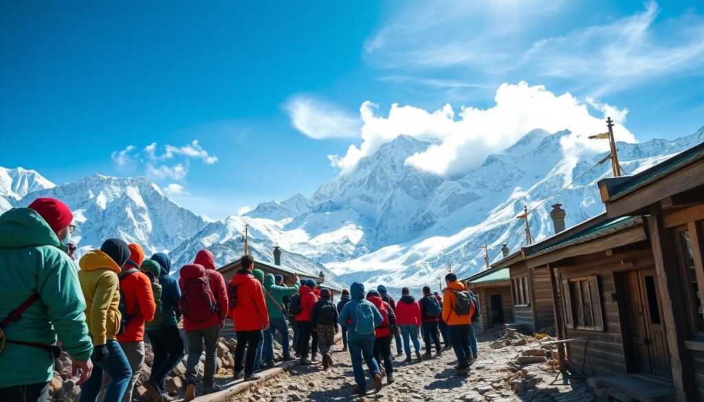 A breathtaking scene of climbers making their way to Everest Base Camp, framed on a narrow trekking path lined with rustic wooden lodges. In the foreground, a diverse group of trekkers, adorned in vibrant outdoor gear — jackets, hats, and sturdy trekking shoes — are pausing to take in their surroundings. The middle ground showcases quaint, traditional teahouses with smoke curling from chimneys, nestled against the dramatic backdrop of towering snow-capped peaks under a brilliant blue sky. In the background, the majestic, towering presence of Everest looms, shrouded in wispy clouds, emphasizing the adventure ahead. The lighting is bright and natural, capturing the crisp mountain air, creating a sense of excitement and camaraderie. The vibe is uplifting and adventurous, perfectly encapsulating the spirit of the trek. A breathtaking scene of climbers making their way to Everest Base Camp, framed on a narrow trekking path lined with rustic wooden lodges. In the foreground, a diverse group of trekkers, adorned in vibrant outdoor gear — jackets, hats, and sturdy trekking shoes — are pausing to take in their surroundings. The middle ground showcases quaint, traditional teahouses with smoke curling from chimneys, nestled against the dramatic backdrop of towering snow-capped peaks under a brilliant blue sky. In the background, the majestic, towering presence of Everest looms, shrouded in wispy clouds, emphasizing the adventure ahead. The lighting is bright and natural, capturing the crisp mountain air, creating a sense of excitement and camaraderie. The vibe is uplifting and adventurous, perfectly encapsulating the spirit of the trek.