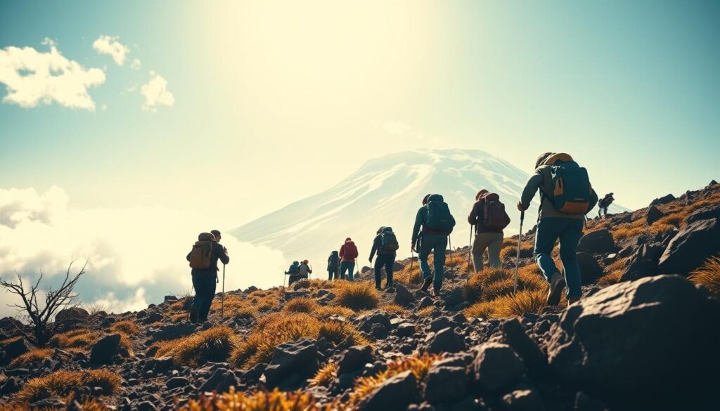 A breathtaking scene of trekking on Mount Kilimanjaro, showcasing a diverse group of travelers in modest hiking attire, equipped with backpacks and trekking poles. In the foreground, capture a rugged trail with resilient vegetation and remarkable rock formations. The middle ground features the hikers actively ascending the slope, displaying determination and teamwork amidst nature. The background reveals the iconic snow-capped peak of Kilimanjaro under a bright blue sky with fluffy clouds, suggesting the altitude and majesty of the mountain. Soft, natural lighting illuminates the scene, creating a warm and inviting atmosphere. The angle captures the perspective from slightly below the hikers, enhancing the grandeur of the mountain and inspiring a sense of adventure and preparation.