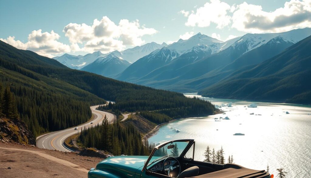 A breathtaking view of Alaska's Seward Highway, showcasing a winding road bordered by lush green forests and dramatic mountain ranges. In the foreground, a vintage convertible car parked at a scenic overlook, with the ocean sparkling under the bright sun. The middle ground features the road curving alongside pristine waters with glacial icebergs floating peacefully. In the background, towering snow-capped peaks rise against a clear blue sky, with fluffy white clouds casting gentle shadows. The lighting is warm and inviting, illuminating the landscape in a golden hue, ideal for a late afternoon drive. The overall atmosphere is one of adventure and serenity, inviting travelers to explore this stunning route.