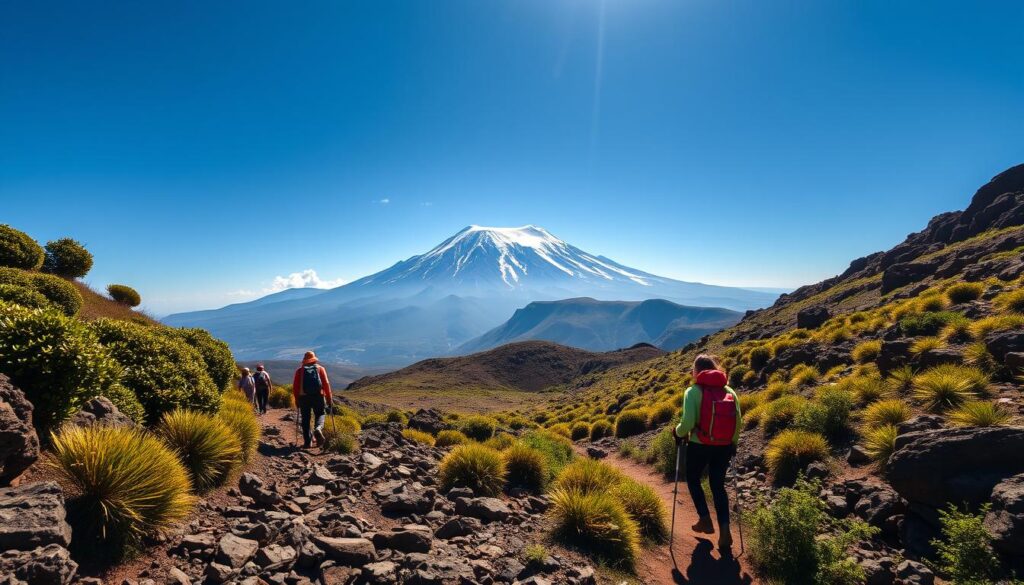 A breathtaking view of Mount Kilimanjaro, towering majestically in the background under a clear blue sky, capturing the trek's challenging atmosphere. In the foreground, a small group of hikers in modest, colorful hiking attire, equipped with trekking poles and backpacks, are navigating a rocky, steep trail. The middle ground features lush green vegetation and rugged terrain, highlighting the diverse ecosystem as they ascend. Soft rays of golden sunlight illuminate the scene, creating a warm and adventurous mood. The angle is slightly elevated, showcasing the grandeur of Kilimanjaro and the hikers' journey, emphasizing the role of guided tours in overcoming the mountain's difficulty.