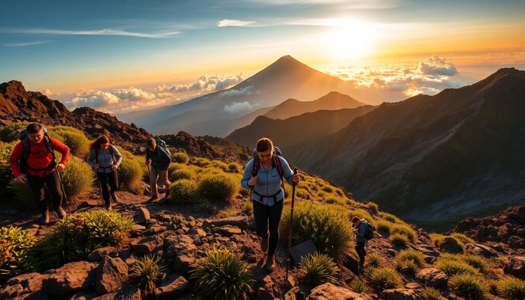 A breathtaking view of Mount Kinabalu's rugged terrain during a sunrise, showcasing the challenging hiking trails and steep ascents. In the foreground, a group of hikers in modest casual clothing, equipped with walking sticks and backpacks, navigate a rocky path, their expressions reflecting determination and focus. The middle ground features the diverse flora of the mountain, with vibrant green bushes and unique flowers peeking through the rocky surface. In the background, the towering summit of Mount Kinabalu rises majestically, bathed in warm golden light, with wisps of clouds surrounding its peak. The atmosphere conveys a sense of adventure and the beauty of nature, captured using a wide-angle lens to emphasize the scale and grandeur of this iconic Malaysian landmark.