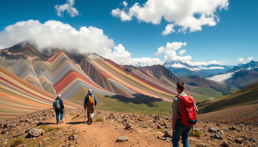 A breathtaking view of Rainbow Mountain in Peru, featuring vibrant stripes of red, blue, green, and yellow in the rocky landscape. In the foreground, a well-marked trekking path leads viewers into the scene, with a few hikers dressed in lightweight trekking attire, backpacks slung casually, showcasing excitement for the journey ahead. The middle ground reveals lush green valleys and patches of snow, creating a contrast with the colorful mountain. In the background, towering peaks under a clear blue sky with soft, fluffy clouds float above. The lighting is warm and bright, enhancing the colors and creating a cheerful atmosphere, while a slight lens distortion adds depth to the scene, inviting the viewer to prepare for their own hiking adventure.