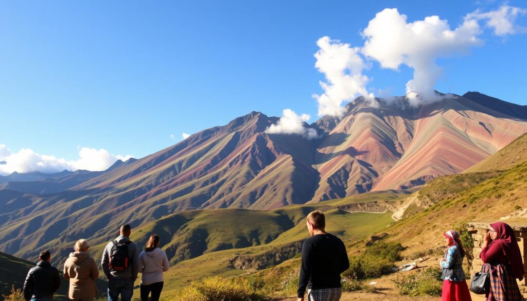 A breathtaking view of Rainbow Mountain in Peru, showcasing its vibrant, multicolored slopes under a clear blue sky. In the foreground, a small group of hikers in modest casual clothing gazes in awe at the landscape, with local women in traditional attire selling handmade crafts nearby. The middle ground features lush green valleys dotted with wildflowers and rugged terrain typical of the Andean mountains. In the background, majestic peaks rise sharply, partially veiled by soft, fluffy clouds. The lighting is warm and golden, suggesting late afternoon, casting gentle shadows and highlighting the textures of the mountain. The atmosphere is serene and contemplative, inviting viewers to connect with the local culture and natural beauty of the area.