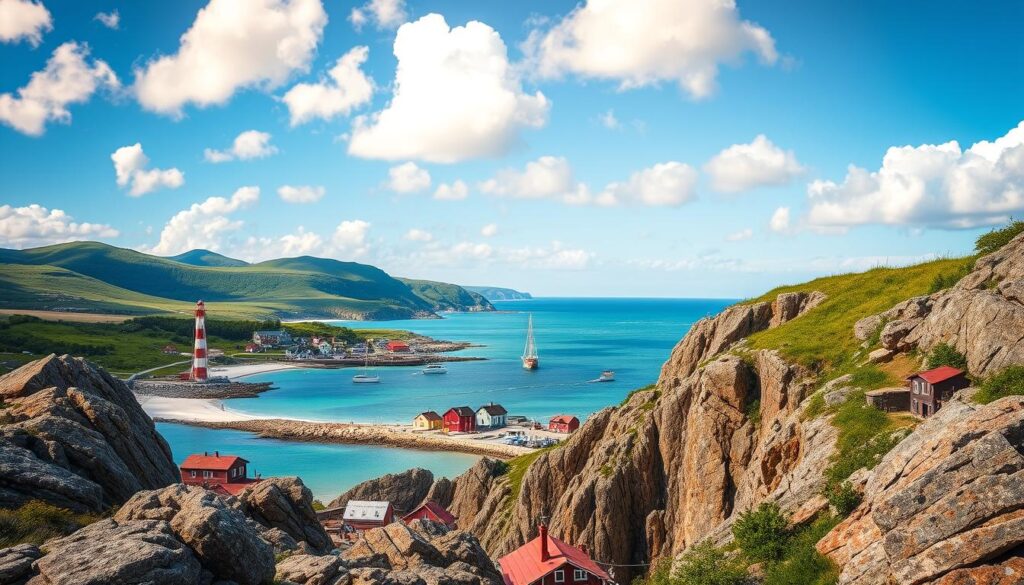 A breathtaking view of South Shore Nova Scotia's coastal scenery in the foreground, showcasing rugged cliffs and smooth white sand beaches. In the middle ground, a charming fishing village with colorful wooden houses and active fishing boats bobbing in the turquoise water. Tall, iconic lighthouses stand sentinel at the coastline, their bright red and white colors contrasting with the deep blue ocean. In the background, rolling green hills meet a clear blue sky, dotted with fluffy white clouds illuminated by the warm, golden light of a late afternoon sun. The atmosphere is serene, evoking a sense of tranquility and adventure, perfect for exploring Canada's maritime heritage. The image should capture a wide-angle view to emphasize the expansive coastline and natural beauty. A breathtaking view of South Shore Nova Scotia's coastal scenery in the foreground, showcasing rugged cliffs and smooth white sand beaches. In the middle ground, a charming fishing village with colorful wooden houses and active fishing boats bobbing in the turquoise water. Tall, iconic lighthouses stand sentinel at the coastline, their bright red and white colors contrasting with the deep blue ocean. In the background, rolling green hills meet a clear blue sky, dotted with fluffy white clouds illuminated by the warm, golden light of a late afternoon sun. The atmosphere is serene, evoking a sense of tranquility and adventure, perfect for exploring Canada's maritime heritage. The image should capture a wide-angle view to emphasize the expansive coastline and natural beauty.