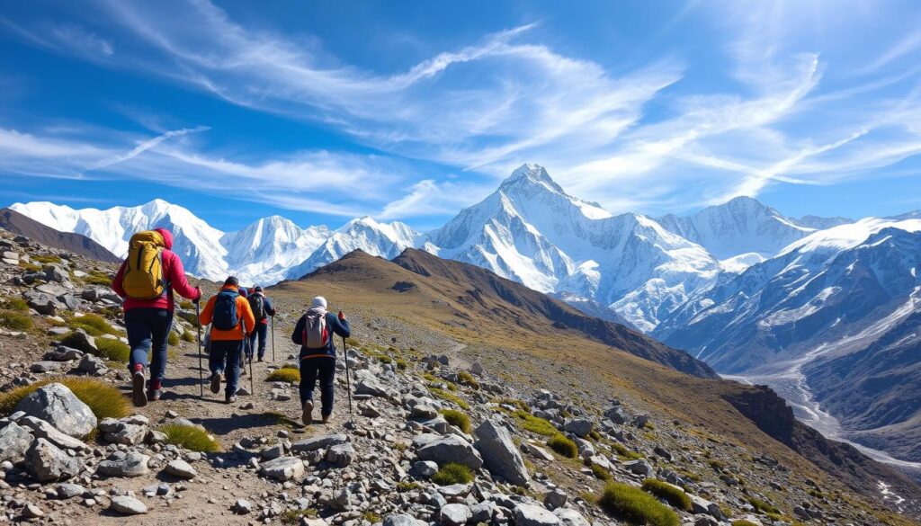 A breathtaking view of the Everest Base Camp trekking route, focusing on a rugged trail winding through stunning Himalayan landscapes. In the foreground, a group of trekkers dressed in professional outdoor attire, including sturdy hiking boots and colorful jackets, navigates rocky terrain with trekking poles, displaying determination and teamwork. The middle ground features patches of lush green vegetation interspersed with rocky outcrops, while the towering snow-capped peaks of Everest and surrounding mountains loom majestically in the background, under a bright blue sky with wispy clouds. The light is bright and natural, capturing the crisp atmosphere of high altitude. The mood conveys a sense of adventure, resilience, and the spirit of exploration. The composition is shot from a low angle to emphasize the grandeur of the mountains above. A breathtaking view of the Everest Base Camp trekking route, focusing on a rugged trail winding through stunning Himalayan landscapes. In the foreground, a group of trekkers dressed in professional outdoor attire, including sturdy hiking boots and colorful jackets, navigates rocky terrain with trekking poles, displaying determination and teamwork. The middle ground features patches of lush green vegetation interspersed with rocky outcrops, while the towering snow-capped peaks of Everest and surrounding mountains loom majestically in the background, under a bright blue sky with wispy clouds. The light is bright and natural, capturing the crisp atmosphere of high altitude. The mood conveys a sense of adventure, resilience, and the spirit of exploration. The composition is shot from a low angle to emphasize the grandeur of the mountains above.