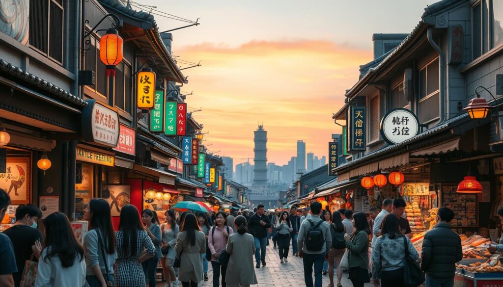 A bustling scene in Insadong and Myeongdong during the afternoon and evening, with colorful traditional shops lining the streets and glowing neon signs illuminating the area. In the foreground, a diverse group of people, dressed in modest casual clothing, explore street food stalls and artisan shops, engaging in conversation and laughter. In the middle ground, vendors showcase unique handmade crafts and fragrant snacks, while lanterns hang overhead, adding to the warm and inviting atmosphere. In the background, the Seoul skyline is silhouetted against a vibrant sunset, blending shades of orange, pink, and purple, creating a picturesque backdrop. The lighting is warm and inviting, with soft shadows casting on the cobblestone streets, evoking a sense of excitement and discovery in this vibrant urban landscape.