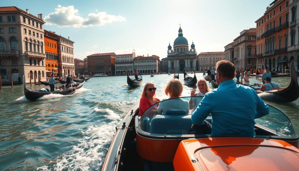 A bustling scene of Venice transportation, featuring a watertaxi cutting through the gently rippling canals in the foreground. Passengers in smart casual attire enjoy the ride, reflecting excitement and curiosity. In the middle ground, iconic gondolas glide by, their gondoliers skillfully maneuvering the vessels. Historic buildings with intricate architecture line the canals, their colorful facades reflecting in the water. The background features the distant silhouette of the beautiful St. Mark's Basilica under a bright blue sky, with a few fluffy clouds providing a calming atmosphere. The lighting is warm, capturing the enchanting afternoon sun, enhancing the vibrant colors of the scene. The mood conveys energy and adventure, inviting viewers to explore the unique transportation methods of Venice.