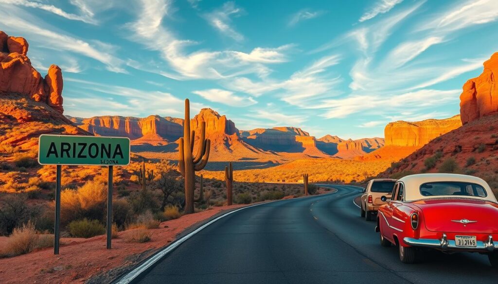 A captivating Arizona road trip scene, featuring a winding highway that stretches through stunning desert landscapes. In the foreground, a well-marked road sign pointing to iconic destinations like the Grand Canyon and Sedona, with a classic car parked nearby, its vibrant color standing out against the earthy tones of the surroundings. In the middle ground, tall cacti and unique rock formations rise up, their textures illuminated by the warm, golden light of a setting sun, casting long shadows. In the background, majestic mountains under a clear blue sky with wisps of clouds enhance the sense of adventure and freedom. The atmosphere is lively and inviting, evoking a spirit of exploration and the beauty of the Arizona wilderness.