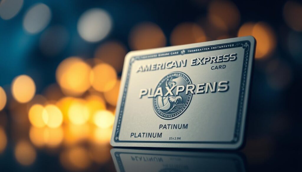 A close-up image of an American Express Platinum Card, prominently displayed in the foreground, showcasing its signature design with metallic silver tones and intricate embossing details. The card should be angled slightly to capture the light, highlighting its reflective surface, while a soft-focus bokeh effect creates a dreamy background featuring abstract shapes in deep blue and gold hues, evoking a sense of luxury and sophistication. The lighting is warm and inviting, suggesting an affluent atmosphere. There are no other objects or people in the frame, ensuring the card is the sole focus of the composition. The image conveys a mood of exclusivity and prestige, ideal for illustrating a review of premium credit card benefits.