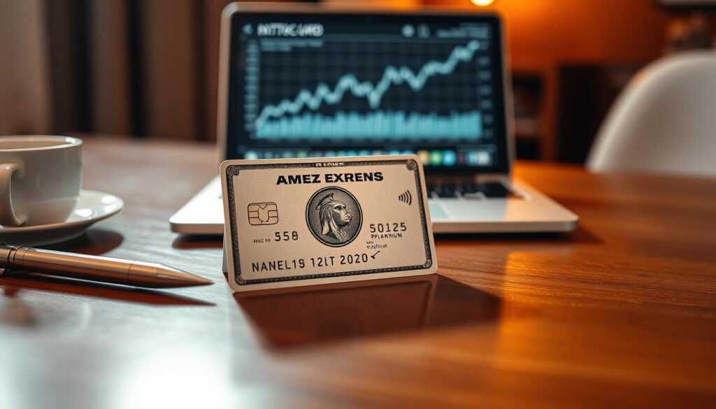 A close-up view of an Amex Platinum credit card prominently displayed on a polished wooden desk, reflecting light to emphasize its sleek design. In the background, a laptop with a financial chart open, depicting a rising trend, hints at the benefits of the welcome bonus. Soft, warm lighting creates an inviting atmosphere, capturing the mood of financial opportunity. To the left, a stylish coffee cup and an elegant pen lay alongside the card, suggesting a professional environment. The composition is shot from a slightly elevated angle to create depth, showcasing the luxury and value associated with the Amex Platinum. No people are present, keeping the focus on the card and its surrounding elements, ensuring a clean and professional look.