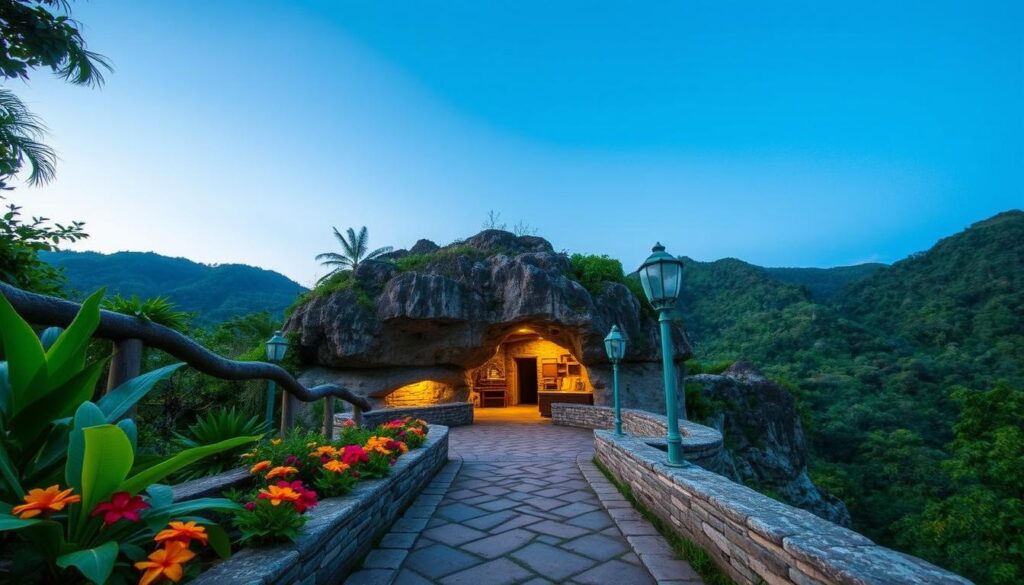 A detailed view of the Green Grotto Caves Visitor Complex in Jamaica. In the foreground, a stone pathway leads to the entrance of the caves, lined with tropical greenery and vibrant flowers. The middle ground showcases the rustic entrance of the complex, with natural rock formations illuminated by soft, warm lighting that highlights the textures of the cave walls. In the background, lush Jamaican hills stretch under a clear blue sky, capturing the essence of the island’s natural beauty. The atmosphere is inviting and adventurous, suggesting exploration and discovery. The scene is captured from a slightly elevated angle, creating depth and inviting viewers to envision their journey to this captivating location. The overall mood is serene yet invigorating, embodying the essence of a tropical adventure.