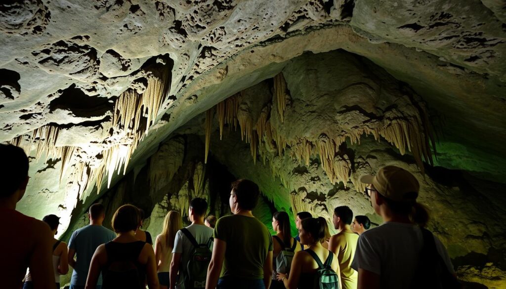 A guided tour inside the Green Grotto Caves in Jamaica, featuring a group of tourists wearing modest casual clothing, exploring the stunning subterranean landscape. In the foreground, a tour guide points out fascinating rock formations illuminated by soft, atmospheric lighting, casting gentle shadows on the cave walls. The middle section reveals an array of stalactites and stalagmites, glistening with moisture, while the background showcases the vastness of the cavern, with intricate textures and colors of the rock formations. The atmosphere is serene yet awe-inspiring, capturing the wonder and adventure of the cave exploration. The composition should be shot from a low angle to emphasize the height of the cave walls and create an immersive experience, all while ensuring a warm color palette that enhances the natural beauty of the caves.