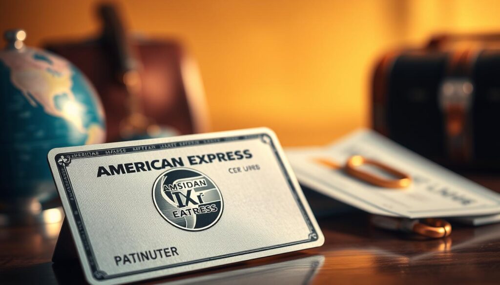 A highly detailed close-up image of an American Express Platinum Card, showcasing its metallic finish and intricate design elements. The card is prominently displayed in the foreground, angled slightly to catch the light, highlighting the card number and the iconic American Express logo. In the background, soft-focus images of travel-related items such as a globe, an airplane ticket, and luxury luggage create a sense of adventure and exclusivity. The scene is bathed in warm, soft lighting to evoke a sense of elegance and sophistication, reminiscent of premium travel experiences. The overall atmosphere conveys luxury and refinement, appealing to individuals seeking high-end travel benefits. No text or watermarks are present.
