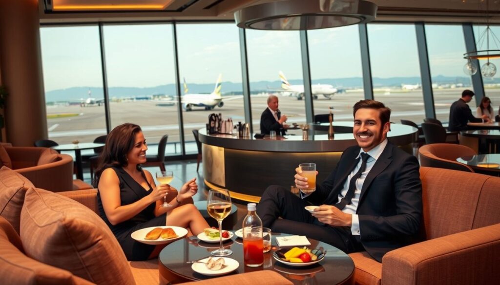 A luxurious airport lounge scene, showcasing elegant design elements and a refined atmosphere. In the foreground, a well-dressed professional couple, in smart business attire, relax on plush seating, savoring gourmet snacks and upscale beverages. The middle ground features an inviting bar area, with a friendly bartender mixing cocktails and offering a warm smile. In the background, large panoramic windows reveal a bustling airport runway with planes taking off and landing. Soft, ambient lighting enhances the comfortable vibe, while sleek modern decor accents the lounge’s sophistication. The overall mood is one of relaxation and exclusivity, emphasizing the premium experience of Amex Platinum's lounge access. Focus on a slightly elevated angle to capture the spaciousness and ambiance.