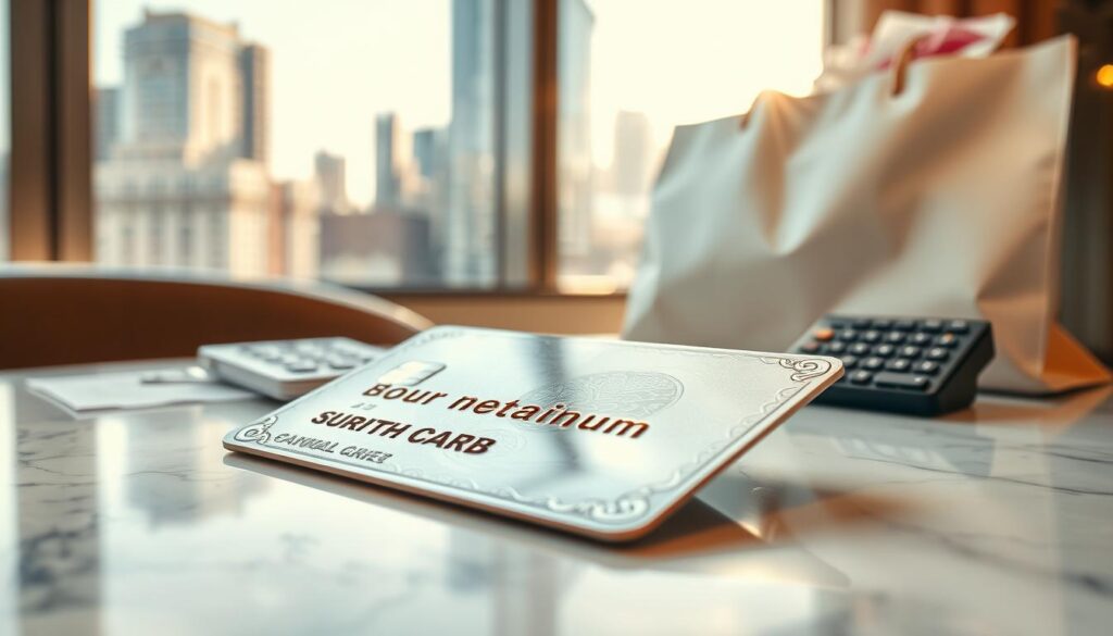 A luxurious close-up of a shiny, intricate platinum credit card lying on a marble table. In the background, a fashionable shopping bag overflowing with high-end items can be seen, suggesting everyday spending, alongside a calculator and receipts for a budgeting atmosphere. Soft, warm lighting illuminates the scene, casting gentle shadows and enhancing the card’s reflective surface. A blurred cityscape window view hints at a vibrant urban lifestyle beyond, creating an aspirational mood. The lens captures the image at an angle that showcases the card's details and the elegance of the items around it, evoking the idea of maximizing rewards through everyday purchases while maintaining a professional and sophisticated atmosphere.