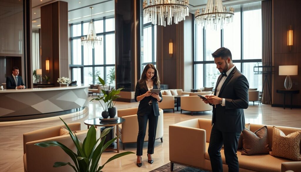 A luxurious hotel lobby scene that showcases Amex Platinum benefits, featuring a stylish reception area with a friendly concierge greeting guests in professional attire. In the foreground, display a elegant couple, dressed in smart casual outfits, reviewing hotel benefits on a sleek tablet. In the middle ground, highlight plush seating areas with contemporary decor, plants, and subtle luxury elements like crystal chandeliers. In the background, showcase large windows allowing natural light to flood the space, creating a warm and inviting atmosphere. Use soft, diffused lighting to evoke a sense of comfort and exclusivity. The overall mood should reflect sophistication and the premium nature of the Amex Platinum hotel experience.