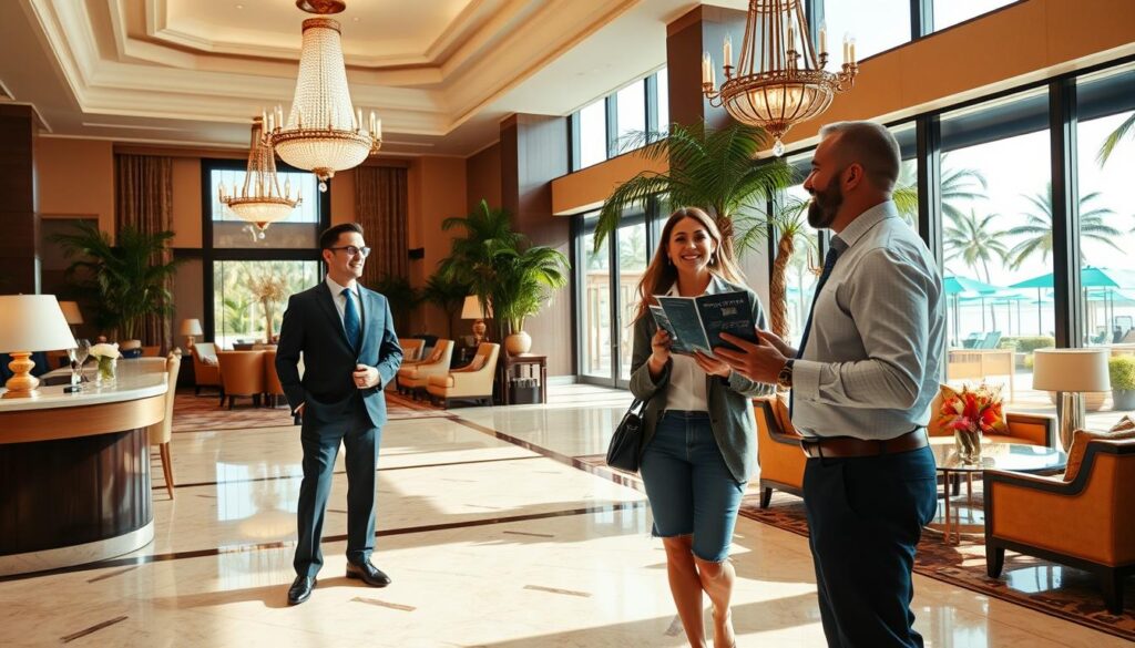 A luxurious hotel lobby showcasing Fine Hotels + Resorts benefits. In the foreground, a welcoming hotel concierge in professional attire is interacting with a delighted couple. The couple, dressed in smart casual clothing, holds a brochure, highlighting their enthusiasm about their stay. In the middle ground, elegant furnishings and opulent decor, including chandeliers and lush greenery, create an inviting atmosphere. In the background, large windows reveal a stunning view of a resort pool and tropical landscape, bathed in warm, soft sunlight. The overall mood is one of luxury, warmth, and anticipation, emphasizing the premium experience associated with Amex Platinum's hotel benefits. The lighting is bright yet soft, mimicking a serene afternoon. Use a wide-angle perspective to capture the grandeur of the scene.