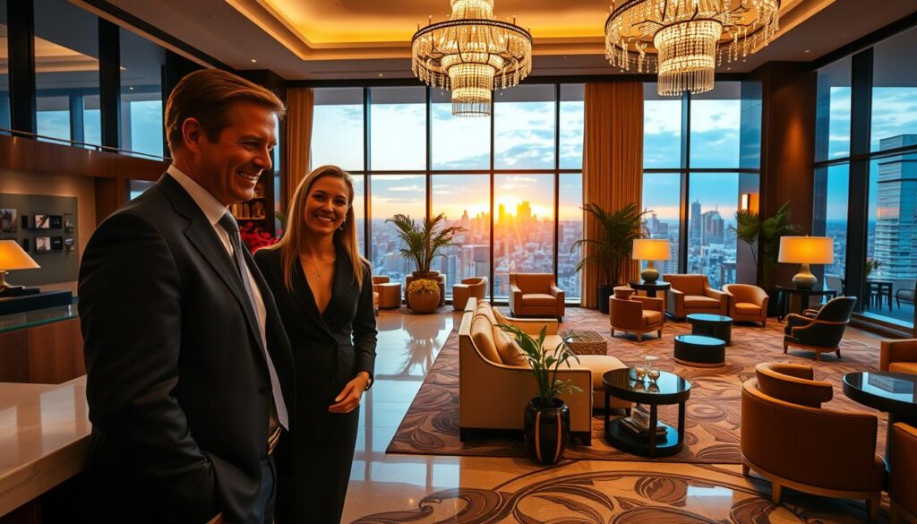 A luxurious hotel lobby with modern decor showcasing the benefits of the Amex Platinum hotel experience. In the foreground, a professionally dressed couple, smiling and engaging with a concierge at an elegant reception desk. The middle ground features opulent furnishings, lush potted plants, and a sparkling chandelier above. In the background, large floor-to-ceiling windows reveal a stunning cityscape at sunset, casting warm golden light into the space. Soft shadows add depth, while an inviting atmosphere suggests exclusivity and comfort. Use a wide-angle lens perspective to capture the grandeur of the lobby, emphasizing the elegance and prestige of the setting.