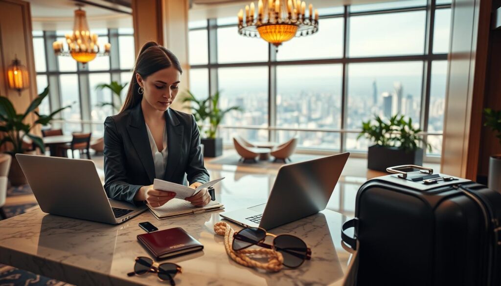 A luxurious travel scene depicting premium benefits for elite travelers. In the foreground, a professional businesswoman in a stylish suit is examining a luxurious travel itinerary on her sleek laptop at a marble table. Surrounding her are elegantly designed travel accessories like a high-end leather passport holder, premium sunglasses, and a designer suitcase. In the middle ground, an opulent hotel lobby with warm lighting creates a welcoming atmosphere, featuring grand chandeliers and lush greenery. In the background, large windows reveal a breathtaking view of a vibrant city skyline, suggesting global travel opportunities. The mood is sophisticated and aspirational, with soft, natural light casting a warm glow over the scene, emphasizing the exclusivity and comfort of premium travel benefits.