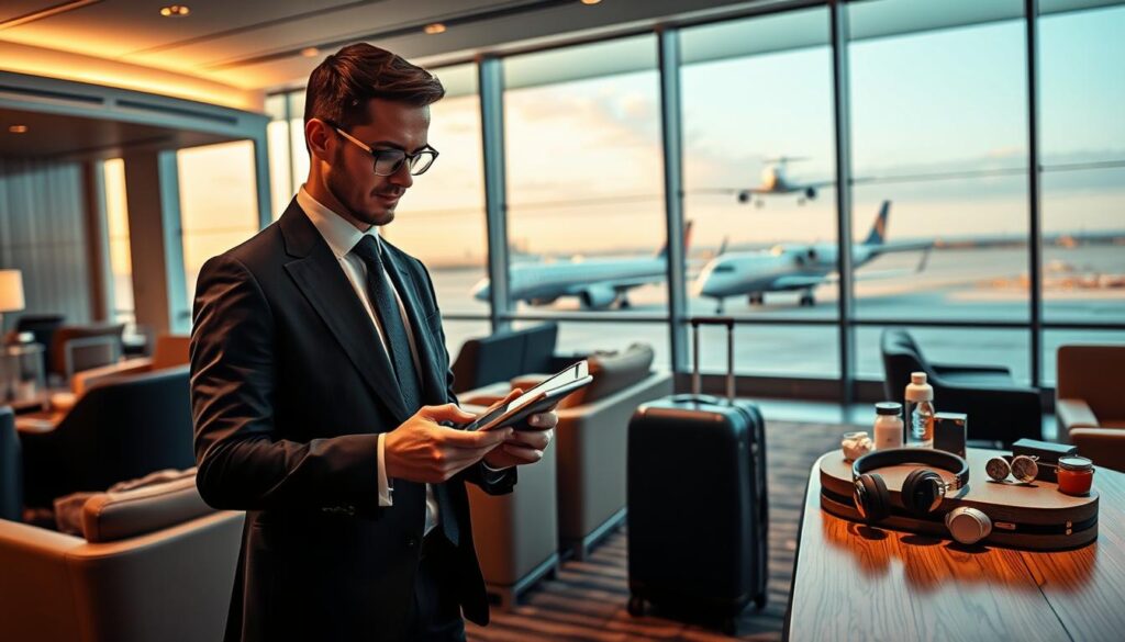 A luxurious travel scene featuring a stylish, modern airport lounge with plush seating and elegant decor. In the foreground, a well-dressed business professional, wearing a tailored suit, is confidently reviewing travel credits on a sleek tablet. The middle ground showcases a large window revealing a stunning view of private jets and an international flight taking off. Soft, ambient lighting creates a welcoming atmosphere, while a touch of golden hue accentuates the upscale vibe. In the background, a subtle display of high-end travel accessories and amenities reinforces the idea of exclusive travel benefits, including elegant luggage, noise-canceling headphones, and quality refreshments on a sleek wooden table. The overall mood is sophisticated, efficient, and aspirational.