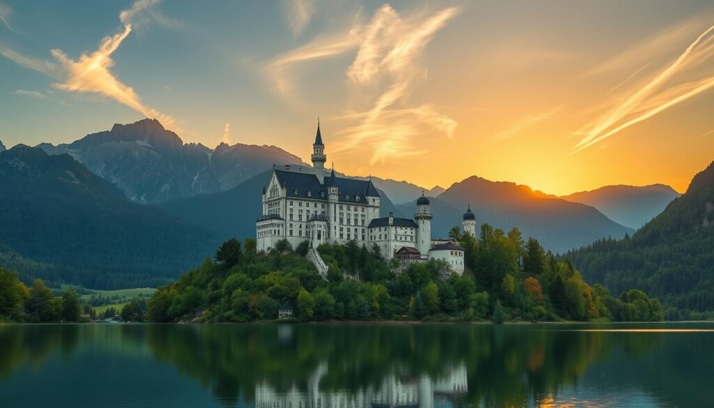 A majestic view of Neuschwanstein Castle perched on a rugged hilltop surrounded by lush greenery and the breathtaking Bavarian Alps in the background. The castle is intricately detailed, showcasing its fairy-tale turrets and stone walls under the soft golden light of a warm sunset. In the foreground, a serene lake mirrors the castle, enhancing the enchanting atmosphere. Wispy clouds drift across the sky, casting delicate shadows on the landscape. The image is captured from a slightly elevated angle, emphasizing the grandeur of the castle while allowing the picturesque scenery to frame it beautifully. The overall mood is magical and serene, inviting viewers to imagine the history and romance of this iconic Bavarian landmark. A majestic view of Neuschwanstein Castle perched on a rugged hilltop surrounded by lush greenery and the breathtaking Bavarian Alps in the background. The castle is intricately detailed, showcasing its fairy-tale turrets and stone walls under the soft golden light of a warm sunset. In the foreground, a serene lake mirrors the castle, enhancing the enchanting atmosphere. Wispy clouds drift across the sky, casting delicate shadows on the landscape. The image is captured from a slightly elevated angle, emphasizing the grandeur of the castle while allowing the picturesque scenery to frame it beautifully. The overall mood is magical and serene, inviting viewers to imagine the history and romance of this iconic Bavarian landmark.