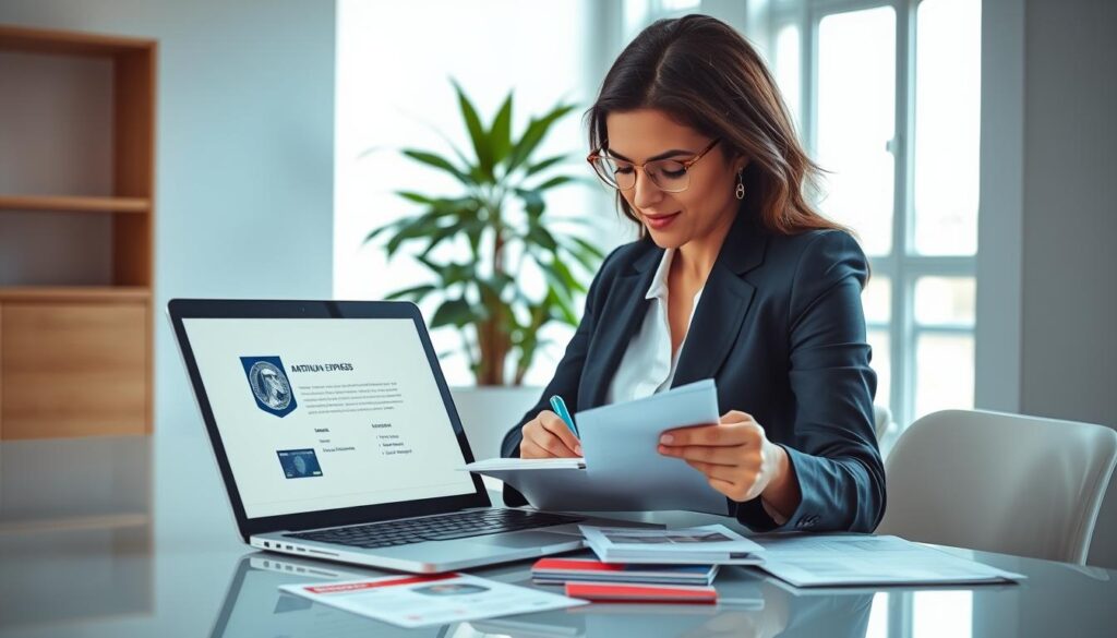 A modern, minimalist office environment as the backdrop, featuring a sleek desk with a polished laptop open to an American Express Platinum Card application page. In the foreground, a confident professional woman in smart business attire, deeply focused, writing notes on a notepad while surrounded by documents highlighting common application mistakes, like checklists and red flags. The lighting is bright and inviting, with natural light streaming through a nearby window, creating a productive atmosphere. In the middle ground, a potted plant adds a touch of greenery, enhancing the office's contemporary feel. The overall mood is one of determination and clarity, emphasizing careful preparation and attention to detail in the application process.