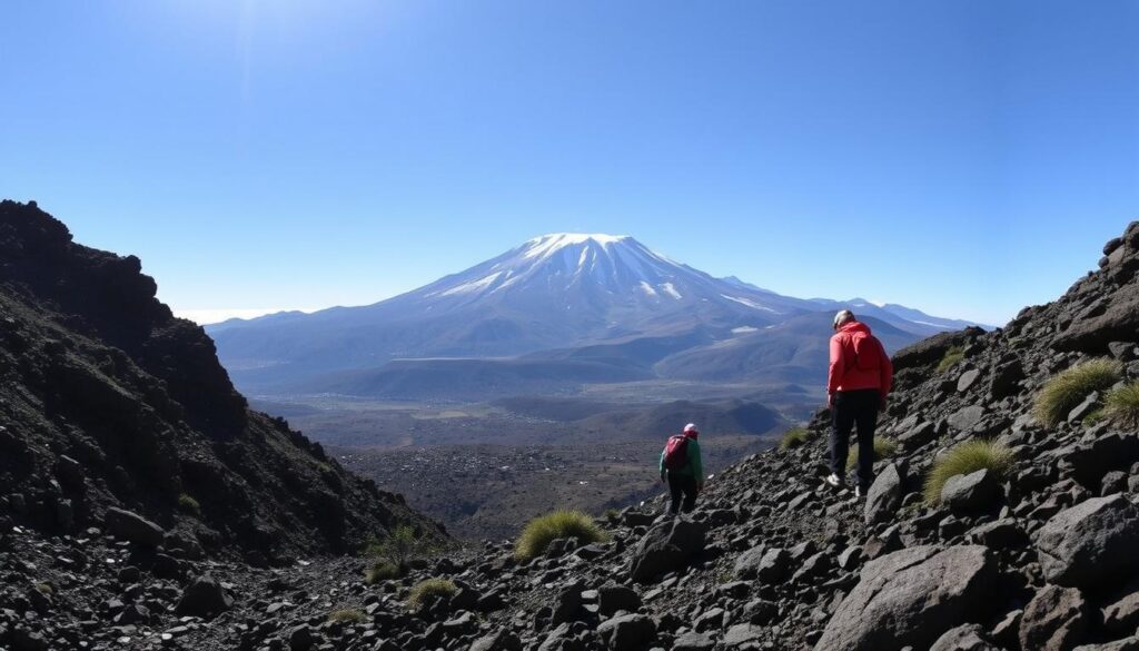 A panoramic view of Mount Kilimanjaro during a challenging climb, showcasing steep, rocky terrain in the foreground with climbers in professional outdoor attire, navigating the rugged landscape. In the middle ground, a team of climbers is seen trudging through a mixture of rocky outcrops and sparse vegetation, capturing the struggle against the altitude. The backdrop features Kilimanjaro's iconic glacier-capped summit under a clear blue sky, emphasizing the mountain's majestic and daunting presence. The lighting is soft and natural, conveying the early morning sun illuminating the scene, casting long shadows and highlighting the climbers' determination. The atmosphere is one of perseverance and adventure, illustrating the physical and mental challenges posed by high altitudes in climbing.