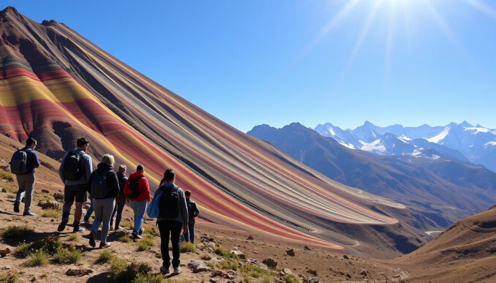 A panoramic view of Rainbow Mountain in Peru, showcasing its vibrant stripes of red, orange, yellow, green, and blue against a clear blue sky. In the foreground, a group of hikers in modest casual clothing engage with the stunning landscape, reflecting cultural insights of the local Andean community. The middle ground features the undulating terrain of the trail leading up to the mountain, dotted with wildflowers and small rocky outcrops. In the background, majestic snow-capped peaks rise under gentle sunlight, casting soft shadows. The atmosphere is serene and invigorating, highlighting the natural beauty, diversity, and cultural richness of the area, with crisp, bright lighting capturing the essence of a day hike in this breathtaking location.