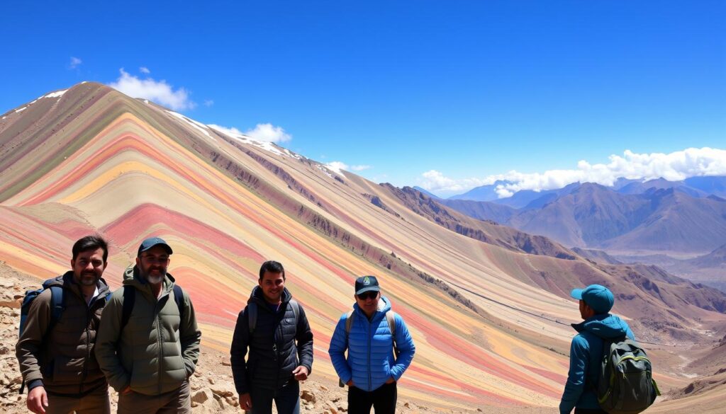 A panoramic view of Rainbow Mountain in Peru, showcasing the vibrant, multi-colored slopes under a bright blue sky. In the foreground, a group of hikers in modest outdoor clothing takes a moment to acclimatize, their expressions a mix of awe and determination. The middle ground features the striking bands of red, yellow, and green rock formations, with patches of snow on the peaks. The background includes the expansive Andean mountain range, partially shrouded in wisps of cloud. The scene is bathed in warm, natural sunlight, creating a sense of tranquility and adventure. Capture this moment from a slightly elevated angle to emphasize the breathtaking landscape while portraying a sense of altitude and preparation for the hike.