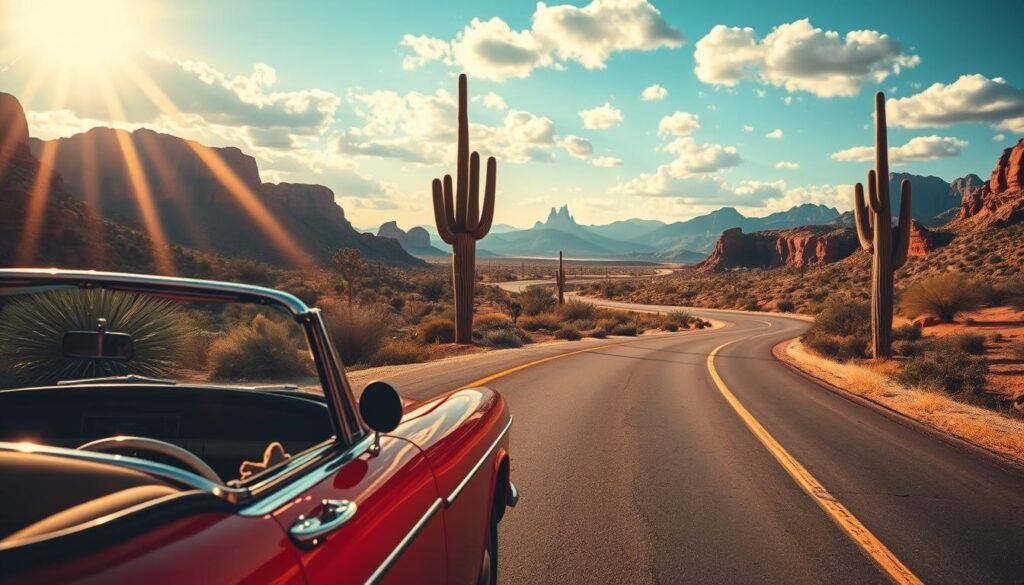 A picturesque Arizona road trip scene capturing a winding highway through the Sonoran Desert. In the foreground, a vibrant red vintage convertible reflects sunlight, parked on the shoulder with its door open, inviting adventure. The middle ground features majestic saguaro cacti standing tall against a backdrop of red rock formations and iconic desert vistas. The late afternoon sun bathes the landscape in a warm golden light, creating long shadows and enhancing the rich textures of the earth. In the background, the distant mountains are silhouetted against a dramatic blue sky dotted with puffs of white clouds. The atmosphere conveys a sense of freedom and exploration, perfect for a memorable journey through Arizona's stunning landscapes.