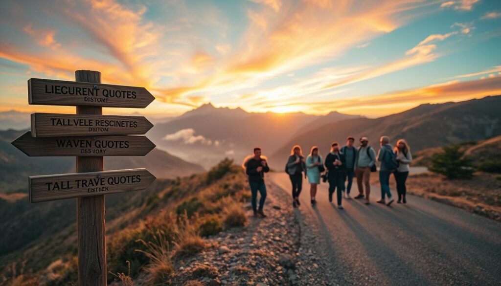 A picturesque landscape encapsulating the essence of adventure and travel, featuring a winding road that leads into a breathtaking mountain range under a vibrant sunset. In the foreground, a rustic wooden signpost indicates various distant destinations etched with inspiring travel quotes, blending seamlessly with the surroundings. The middle ground showcases a diverse group of travelers in modest casual clothing, joyfully sharing moments together, with backpacks and cameras in hand. In the background, majestic mountains tower with soft mist, while the sky bursts with warm hues of orange, pink, and purple, casting a golden glow over the scene. The atmosphere is one of excitement and inspiration, inviting viewers to embark on their own journeys, captured with a soft focus using a wide-angle lens to enhance the grandeur of the landscape.