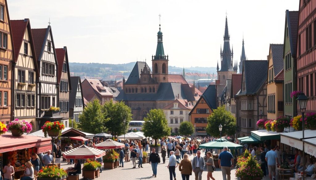A picturesque view of Nuremberg’s iconic attractions during a sunny afternoon. In the foreground, a vibrant market square bustling with visitors, showcasing stalls of artisan crafts and local produce. In the middle, feature the impressive Nuremberg Castle with its medieval architecture, flanked by charming half-timbered houses. Surrounding the square, colorful flowers in bloom add a lively touch. In the background, the beautiful skyline of Nuremberg is visible, including the spires of St. Lorenz and St. Sebald churches. Soft, warm lighting bathes the scene, enhancing the cheerful atmosphere. Shot from a slightly elevated angle to capture the essence of the city’s historic charm and dynamic life, evoking a sense of history intertwined with modern vibrancy.