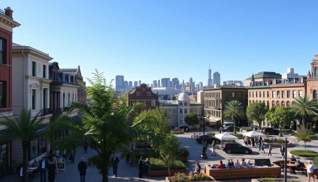 A picturesque view of a vibrant neighborhood in Montreal, showcasing a mix of charming historic buildings and modern architecture. In the foreground, a tree-lined street filled with inviting cafes and boutique shops, featuring patrons in professional business attire and casual wear, enjoying their surroundings. The middle ground highlights lively public squares with locals sitting on benches, mingling, and engaging in conversations. The background is dominated by the stunning skyline of Montreal under a clear blue sky, with hints of Mount Royal peeking through. Soft, warm sunlight casts a welcoming glow over the scene, creating a friendly and inviting atmosphere that reflects the diverse charm of Montreal's best areas for travelers. The image captures a sense of community and exploration, ideal for visitors seeking accommodations.