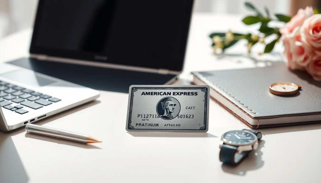 A professional, elegant flat lay composition featuring an American Express Platinum card prominently displayed in the foreground, surrounded by visually appealing items like a modern laptop, a stylish pen, and a tasteful planner. In the background, softly blurred, include a subtle hint of luxury items such as an upscale watch and a fresh bouquet of flowers, evoking a sense of sophistication and financial success. The lighting is bright and airy, casting gentle shadows that highlight the textures of the card and nearby objects. Capture the scene from a slightly elevated angle, focusing on details that symbolize wealth management and savvy spending. The overall mood is aspirational and refined, inviting viewers to consider the value of the card's statement credits.