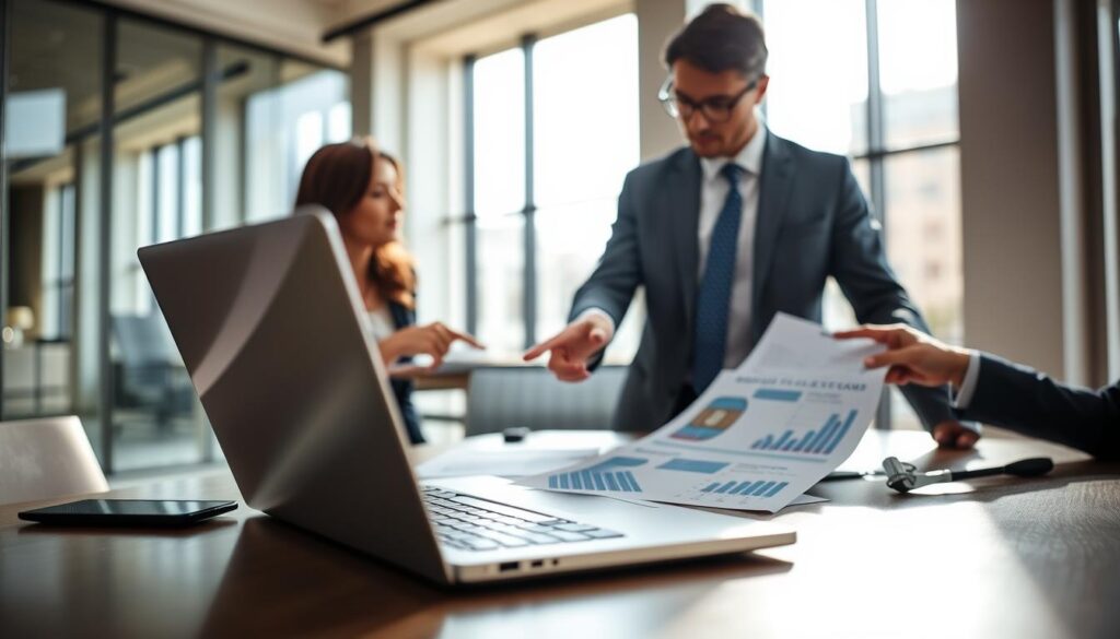 A professional setting depicting a businesswoman and businessman, both dressed in sharp business attire, engaged in conversation over a modern table with financial documents and a laptop. In the foreground, focus on a close-up of a laptop screen displaying financial graphs and Amex Platinum card images. In the middle ground, include the two individuals pointing at the documents, showcasing charts that represent income requirements and approval metrics. The background features a sleek office environment with large windows allowing natural light to pour in, casting soft shadows. Use a warm color palette to create an inviting atmosphere, with a depth of field effect emphasizing the subjects while softly blurring the background. The overall mood should convey professionalism and financial confidence, suitable for an informative article section.